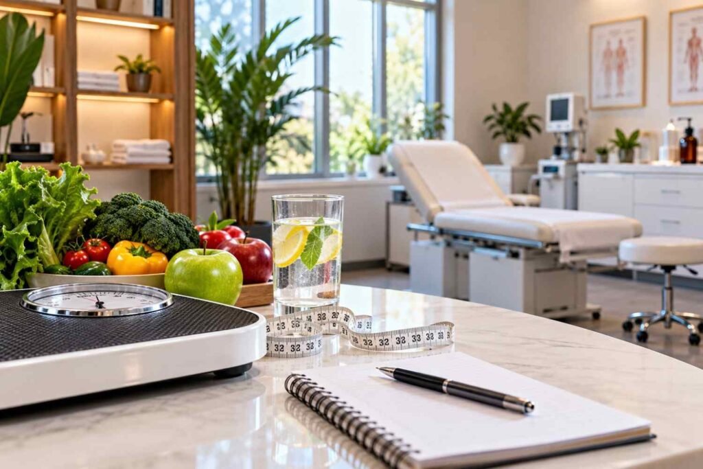 Healthy lifestyle clinic with fresh produce and weight management tools