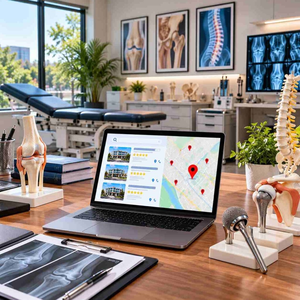 Orthopedic SEO services featuring local search rankings, Google Maps visibility, and orthopedic clinic equipment.