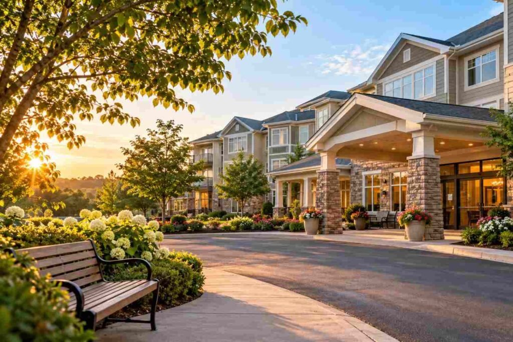 Senior living community entrance with landscaped gardens at sunset