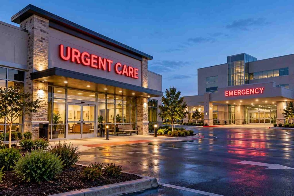 Urgent care clinic and emergency hospital entrances at dusk