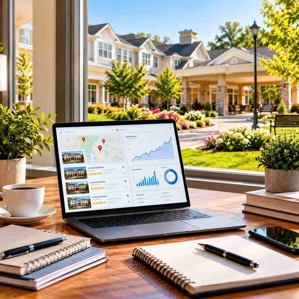 Senior living SEO analytics displayed on a laptop
