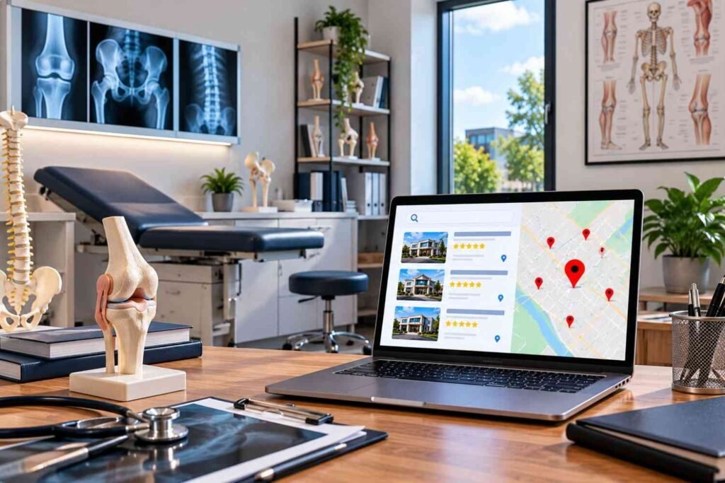 Laptop displaying local search listings, star ratings, and map locations in a modern orthopedic clinic with joint models, X-ray images, and examination equipment, illustrating local SEO strategies for orthopedic practices.