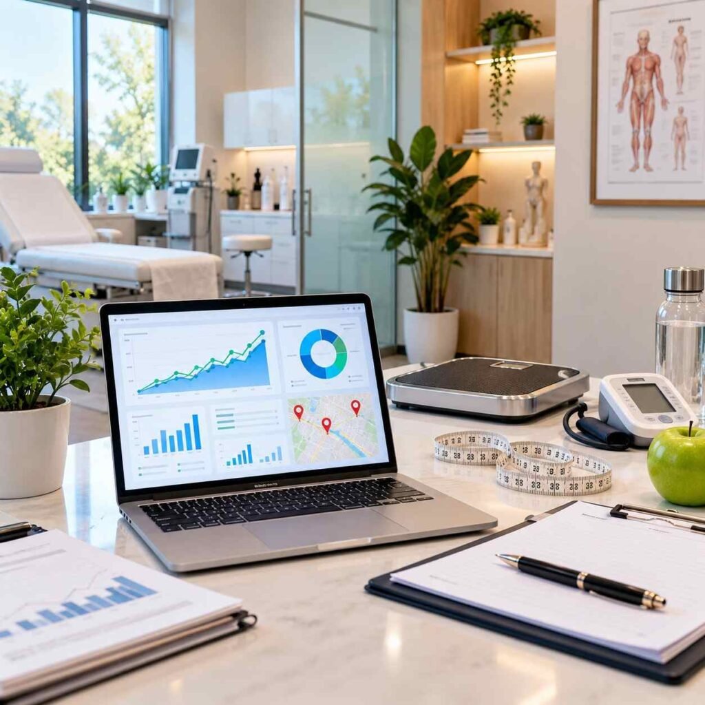 Weight management clinic with health analytics and monitoring equipment