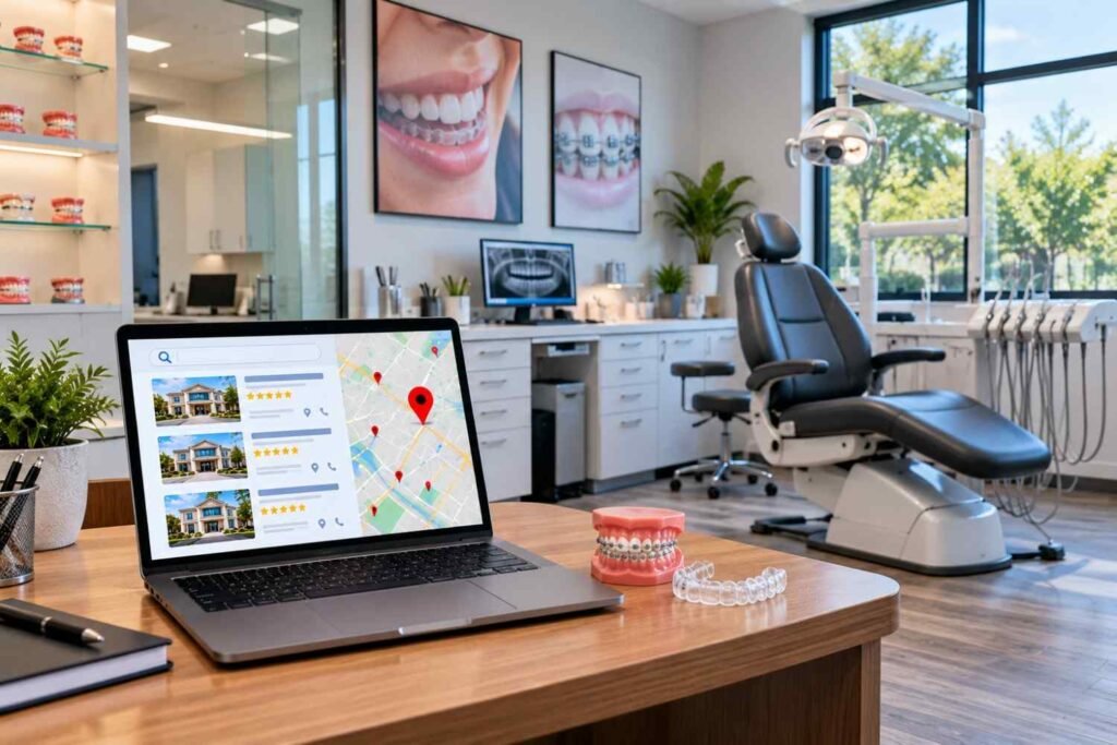 Laptop displaying local search listings, star ratings, and map locations in a modern dental clinic with an examination chair, orthodontic models, and dental equipment, illustrating local SEO strategies for dentists.