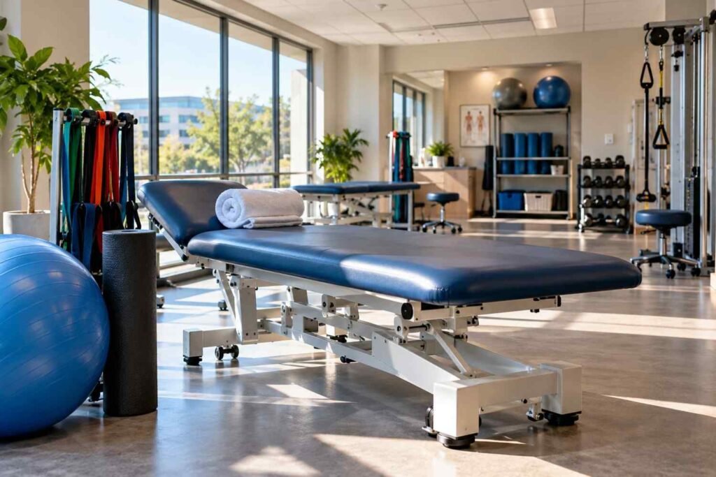 Physical therapy clinic with treatment table and rehabilitation equipment