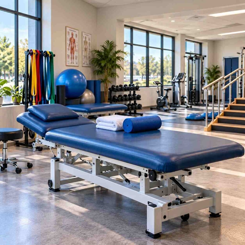 Physical therapy clinic with rehabilitation equipment and treatment table