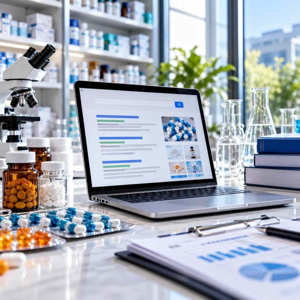 Pharmaceutical research lab with laptop, microscope, and medication samples