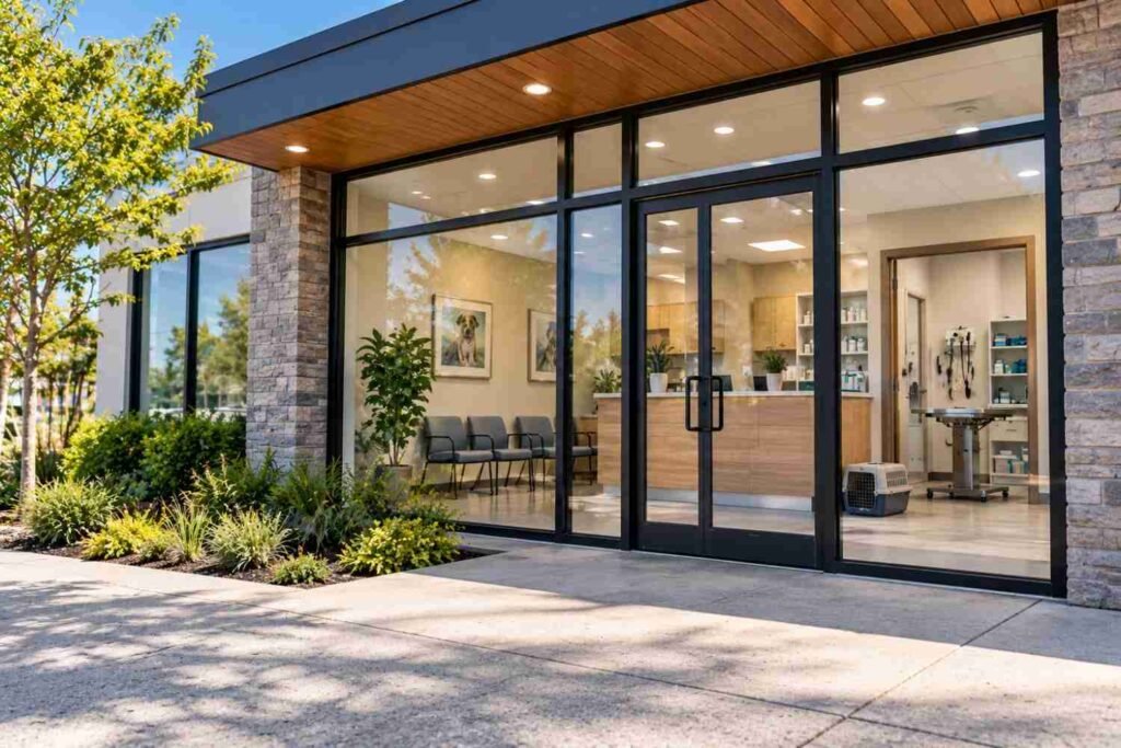 Modern veterinary clinic entrance with glass doors