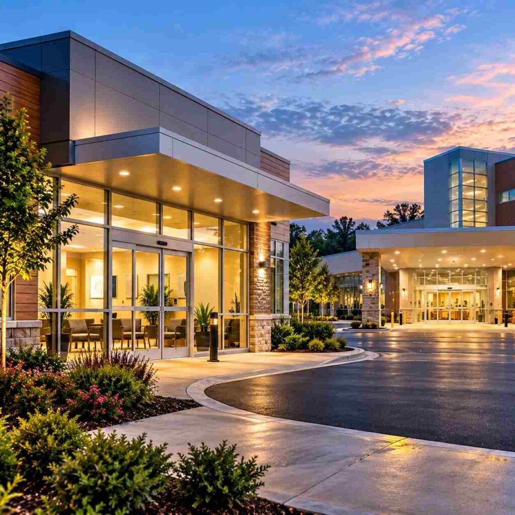 Modern medical clinic exterior at sunset