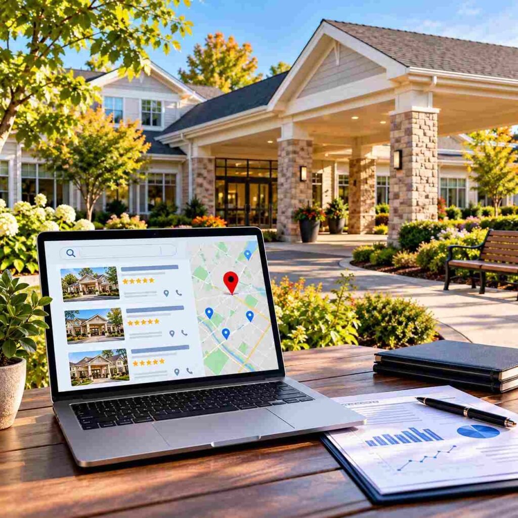 Laptop displaying local search listings, star ratings, and Google Maps locations in front of a senior living community, illustrating local SEO strategies to improve online visibility and attract prospective residents.