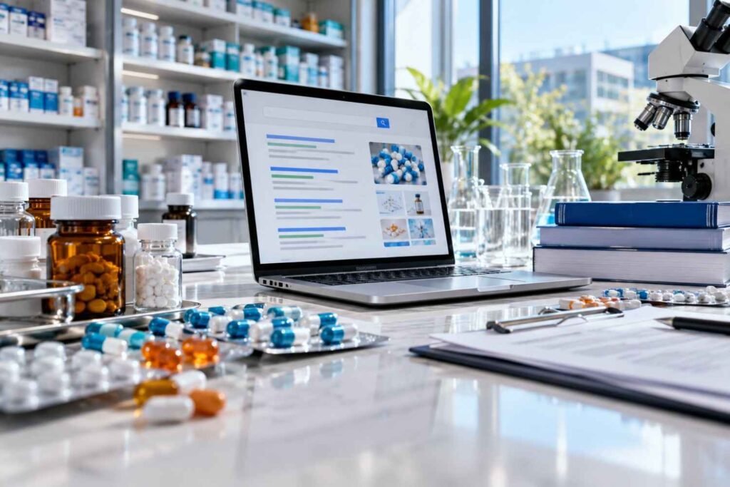 Pharmaceutical research lab with digital search tools and medication samples