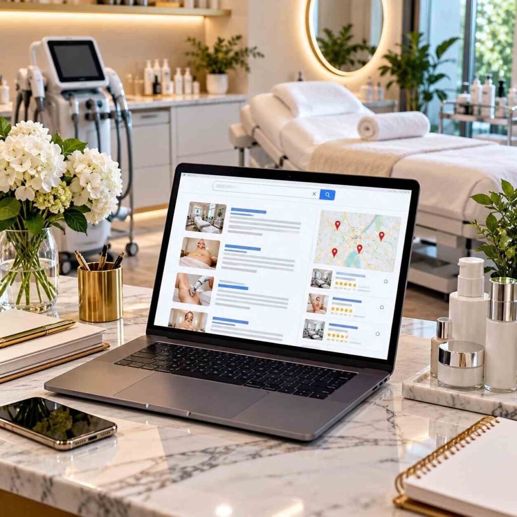 Laptop displaying local search results, map listings, and customer reviews in a modern medical spa with aesthetic treatment equipment, skincare products, and a treatment bed, illustrating medical spa SEO and local ranking optimization.