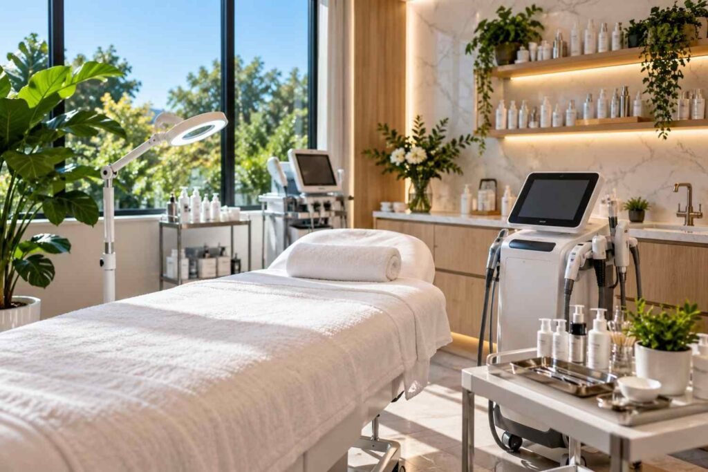 Modern medical spa treatment room featuring a professional treatment bed, aesthetic skincare equipment, cosmetic products, and natural lighting, representing medical spa SEO and aesthetic clinic digital marketing services.