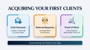 hree-step sequential card layout illustrating strategies to overcome the initial trust gap through cold outreach (LinkedIn, cold email, and communities), referral requests (leveraging warm introductions), and proof of work (case studies and measurable traffic lift).