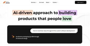 Clean hero section for AgileEngine set against a light blueprint grid background, showcasing the headline "AI-driven approach to building products that people love" framed with colored highlight boxes. Below, an interactive dark prompt card poses "How to maximize value through AI-first custom software development?" and highlights the metric "Accelerate prototyping by 40% through AI-enhanced design