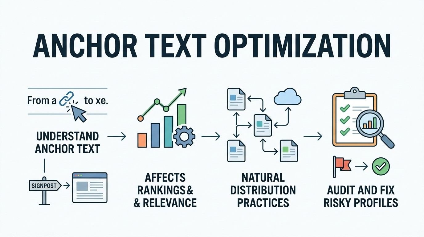 Infographic titled ANCHOR TEXT OPTIMIZATION detailing a four-stage horizontal workflow: 1. Understand Anchor Text (signpost pointing to a webpage, clickable link cursor), 2. Affects Rankings & Relevance (ascending bar chart with mechanical gear), 3. Natural Distribution Practices (network of interlinked documents and cloud asset), and 4. Audit and Fix Risky Profiles (clipboard audit checklist with magnifying glass, converting a red flag to a green checkmark).