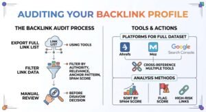Infographic titled AUDITING YOUR BACKLINK PROFILE outlining 'THE BACKLINK AUDIT PROCESS' (Export Full Link List using tools, Filter Link Data by authority, relevance, anchor pattern, spam score, and Manual Review before disavow decision) alongside 'TOOLS & ACTIONS' (Platforms for Full Dataset including Ahrefs, Moz, and Google Search Console cross-referenced, and Analysis Methods to sort by spam score and flag high-risk links).