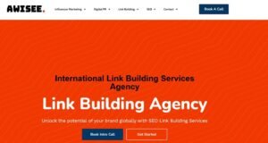 Awisee website banner featuring the headline "International Link Building Services Agency" centered over a bright orange textured background with call-to-action buttons.