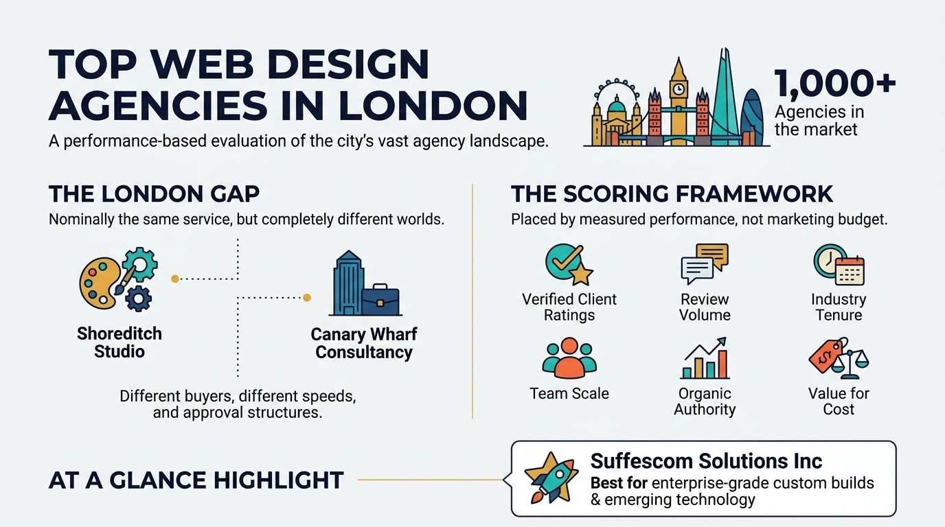 Evaluation framework infographic for top London web design agencies based on performance, client ratings, and agency costs