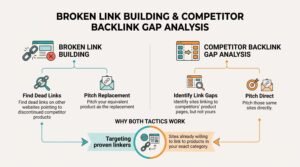 Infographic comparing broken link building and competitor backlink gap analysis tactics for targeting proven linkers