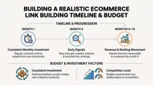 Infographic showing a realistic eCommerce link building timeline and budget progression across 12 months