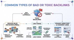 Infographic titled COMMON TYPES OF BAD OR TOXIC BACKLINKS showing a central warning hub (security shield, red flag, prohibition symbol, risk: penalty suppression, low-quality sources) categorizing three primary toxic backlink types: Private Blog Networks (PBNs) built to manipulate rankings with unnatural linking structures, Link Farms engaging in bulk link exchanges and reciprocal schemes with no genuine editorial relationship, and Spammy Directory & Comment Links including unmoderated web directories and comment spam drops.