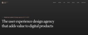 Minimalist, editorial-style hero section for UX design agency Creative Navy with an all-black background and white serif typography. Displays an eyebrow tag stating "Ranked top 5 global UX design agencies 2017 to 2025" above the core headline "The user experience design agency that adds value to digital products