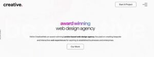 CreativeWeb award-winning London based web design agency homepage with minimalist layout and project link