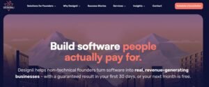 Agency hero banner for Designli set against an illustrated twilight city skyline and mountain backdrop, featuring the headline "Build software people actually pay for". The value proposition addresses non-technical founders turning software into revenue-generating businesses, backed by a 30-day guaranteed results offer and a "Schedule a Consultation" call-to-action button.