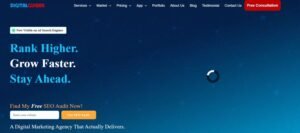 High-tech dark blue gradient hero banner with digital constellation nodes for Digital Guider, featuring the green pill tag "Now Visible on AI Search Engines" above the headline "Rank Higher. Grow Faster. Stay Ahead.". Below, a free SEO audit URL input field is paired with a gold "Get SEO Audit" button and subtext "A Digital Marketing Agency That Actually Delivers."
