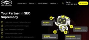 Digital Web Solutions homepage banner featuring the headline "Your Partner in SEO Supremacy" alongside a friendly robot mascot highlighting campaign performance statistics.