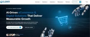 Futuristic tech-themed hero section for Elsner Technologies featuring robotic hands interacting with a glowing wireframe shopping cart over a digital particle wave. The bold headline reads "AI-Driven eCommerce & Digital Solutions That Deliver Measurable Growth" alongside buttons for "GET A FREE GROWTH AUDIT" and "VIEW CASE STUDIES", backed by a 4.8/5 Clutch rating badge.