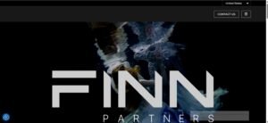 Full-width cinematic hero header for global marketing agency Finn Partners featuring bold, white geometric "FINN PARTNERS" branding set across a surreal underwater image of a woman interacting face-to-face with a submerged dragon creature.