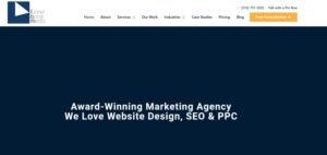 Deep navy blue agency hero banner for Funnel Boost Media displaying the centered headline "Award-Winning Marketing Agency We Love Website Design, SEO & PPC". Top navigation includes phone contact information and a prominent golden-orange "Free Consultation" CTA button.