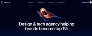 Halo Lab website header featuring glowing sphere graphic and design and tech agency tagline on starry background
