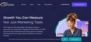 Website hero section for SEO agency HigherVisibility set against a dark topographical line pattern with a teal accent arc. Displays the headline "Growth You Can Measure Not Just Marketing Tasks" and copy explaining their proprietary Targeted Growth System ® (TGS) to deliver business outcomes rather than vanity metrics, positioned next to a smiling professional woman and a growth bar chart widget.