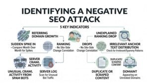 Infographic illustrating 5 key indicators of a negative SEO attack: sudden referring domain spikes, unexplained ranking drops, spammy anchor text, unusual crawl activity, and scraped content.