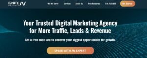 Deep teal-and-navy tech-focused hero banner with a glowing digital wave particle background, presenting the headline "Your Trusted Digital Marketing Agency for More Traffic, Leads & Revenue". The subtext invites visitors to uncover growth opportunities with a free audit, centered directly above an orange gradient "SPEAK WITH AN EXPERT" call-to-action button.