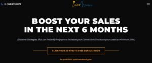 High-contrast dark-mode hero banner displaying the bold uppercase headline "BOOST YOUR SALES IN THE NEXT 6 MONTHS" and parenthetical subtext targeting a minimum 20% sales increase. Centered below is a prominent bordered CTA button reading "CLAIM YOUR 30-MINUTE FREE CONSULTATION" accompanied by urgency copy: "Be quick! FREE spots are almost gone".