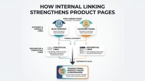 Infographic explaining how internal linking funnels authority from blog content and category pages to strengthen transactional product pages