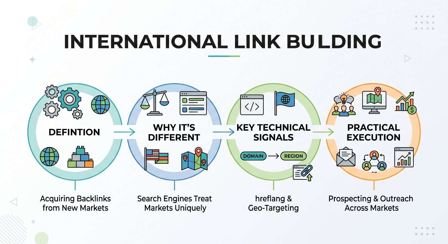 Infographic titled INTERNATIONAL LINK BUILDING detailing four sequential stages: Definition (gears, globes, stacked blocks; Acquiring Backlinks from New Markets), Why It's Different (scales of justice, browser, flags, map pins; Search Engines Treat Markets Uniquely), Key Technical Signals (code tag, globe flag, domain-to-region mapping; hreflang & Geo-Targeting), and Practical Execution (team, local maps, revenue chart, outreach envelope; Prospecting & Outreach Across Markets).