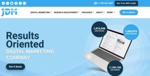 JDM Web Technologies homepage hero section highlighting "Results Oriented Digital Marketing Company" with key performance stats around a laptop graphic.