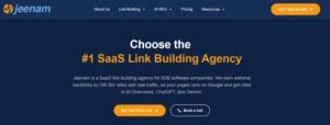 Jeenam website header displaying the headline "Choose the #1 SaaS Link Building Agency" on a dark blue background with call-to-action buttons.