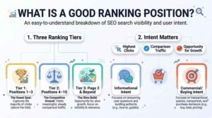 An educational SEO infographic titled "WHAT IS A GOOD RANKING POSITION? An easy-to-understand breakdown of SEO search visibility and user intent