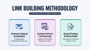 Three-step sequential workflow card graphic displaying outreach-based acquisition, content-driven link earning, and guest posting/niche edits for a multi-channel link building strategy.
