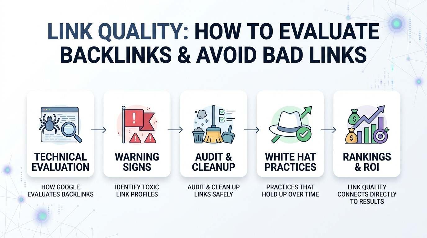 Infographic titled LINK QUALITY: HOW TO EVALUATE BACKLINKS & AVOID BAD LINKS illustrating a 5-step horizontal progression inside rounded cards: 1. Technical Evaluation (How Google Evaluates Backlinks), 2. Warning Signs (Identify Toxic Link Profiles), 3. Audit & Cleanup (Audit & Clean Up Links Safely), 4. White Hat Practices (Practices That Hold Up Over Time), and 5. Rankings & ROI (Link Quality Connects Directly to Results).