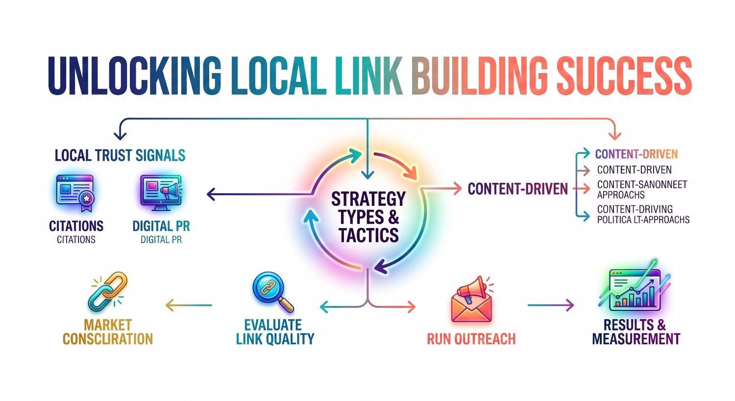 Infographic titled UNLOCKING LOCAL LINK BUILDING SUCCESS outlining a circular Strategy Types & Tactics core that branches into Local Trust Signals (citations and digital PR), Content-Driven approaches, Link Quality Evaluation with market consolidation, and an outreach execution path (Run Outreach) leading to Results & Measurement.