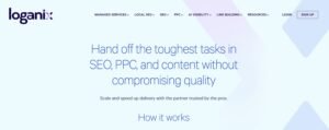 Loganix homepage banner featuring the headline "Hand off the toughest tasks in SEO, PPC, and content without compromising quality" on a clean, light blue background.