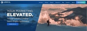 Dynamic outdoor landscape hero section featuring a split-composition visual of an alpine mountaineer hiking a snowy ridge above cloud-covered peaks. Overlaid in crisp white typography is the headline "YOUR MARKETING. ELEVATED." alongside supporting text "Through Industry-Leading Search Engine Optimization" and a blue "WINNING RESULTS" call-to-action button.