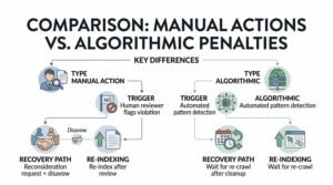 Infographic comparing manual actions vs algorithmic penalties, detailing human reviewer triggers, automated pattern detection, and recovery pathways.